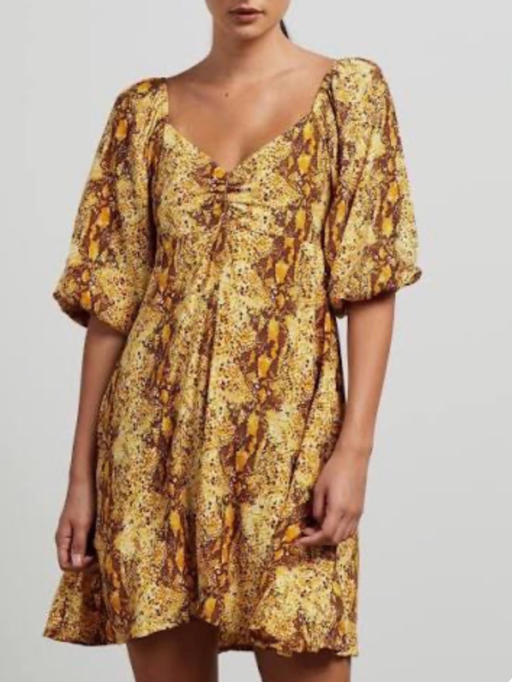 Faithfull the Brand Yellow Snake-Print Puff-Sleeve Dress - size Small